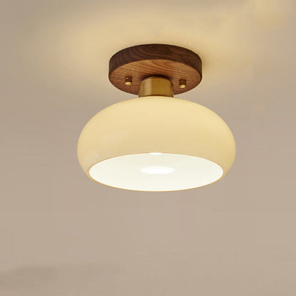 Contemporary Scandinavian Exposed Concealed Installation Drum Round Bowl Ribbed Glass Iron Wood Copper 1-light Semi-flush Mount Ceiling Light for Hallway