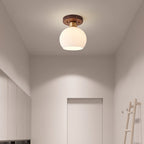 Contemporary Scandinavian Exposed Concealed Installation Drum Round Bowl Ribbed Glass Iron Wood Copper 1-light Semi-flush Mount Ceiling Light for Hallway