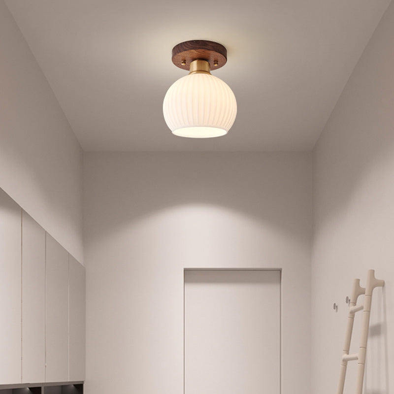 Contemporary Scandinavian Exposed Concealed Installation Drum Round Bowl Ribbed Glass Iron Wood Copper 1-light Semi-flush Mount Ceiling Light for Hallway
