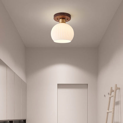 Contemporary Scandinavian Exposed Concealed Installation Drum Round Bowl Ribbed Glass Iron Wood Copper 1-light Semi-flush Mount Ceiling Light for Hallway