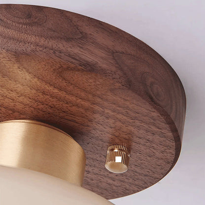 Contemporary Scandinavian Exposed Concealed Installation Drum Round Bowl Ribbed Glass Iron Wood Copper 1-light Semi-flush Mount Ceiling Light for Hallway