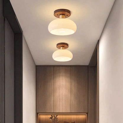 Contemporary Scandinavian Exposed Concealed Installation Drum Round Bowl Ribbed Glass Iron Wood Copper 1-light Semi-flush Mount Ceiling Light for Hallway