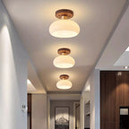 Contemporary Scandinavian Exposed Concealed Installation Drum Round Bowl Ribbed Glass Iron Wood Copper 1-light Semi-flush Mount Ceiling Light for Hallway