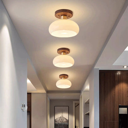 Contemporary Scandinavian Exposed Concealed Installation Drum Round Bowl Ribbed Glass Iron Wood Copper 1-light Semi-flush Mount Ceiling Light for Hallway