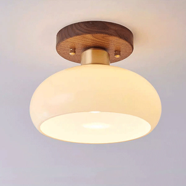 Contemporary Scandinavian Exposed Concealed Installation Drum Round Bowl Ribbed Glass Iron Wood Copper 1-light Semi-flush Mount Ceiling Light for Hallway