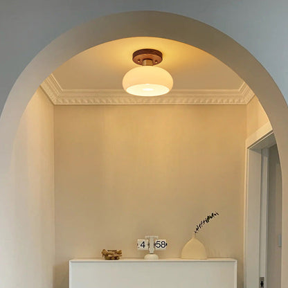 Contemporary Scandinavian Exposed Concealed Installation Drum Round Bowl Ribbed Glass Iron Wood Copper 1-light Semi-flush Mount Ceiling Light for Hallway