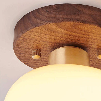 Contemporary Scandinavian Exposed Concealed Installation Drum Round Bowl Ribbed Glass Iron Wood Copper 1-light Semi-flush Mount Ceiling Light for Hallway