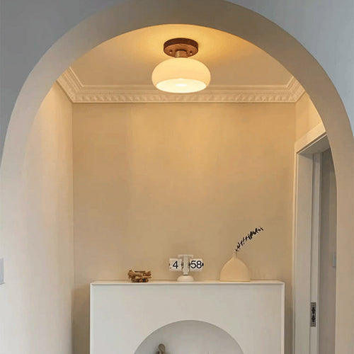 Contemporary Scandinavian Exposed Concealed Installation Drum Round Bowl Ribbed Glass Iron Wood Copper 1-light Semi-flush Mount Ceiling Light for Hallway