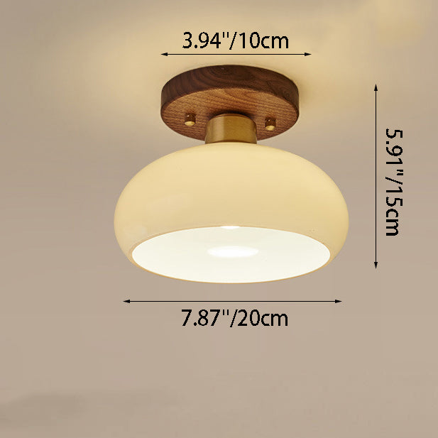 Contemporary Scandinavian Exposed Concealed Installation Drum Round Bowl Ribbed Glass Iron Wood Copper 1-light Semi-flush Mount Ceiling Light for Hallway