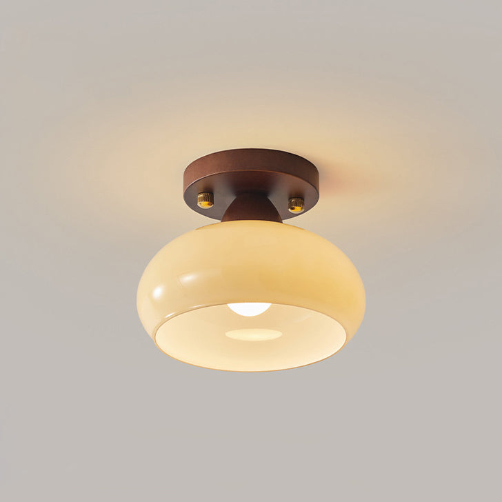 Contemporary Scandinavian Exposed Concealed Installation Drum Round Bowl Ribbed Glass Iron Wood Copper 1-light Semi-flush Mount Ceiling Light for Hallway