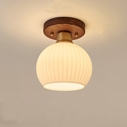 Contemporary Scandinavian Exposed Concealed Installation Drum Round Bowl Ribbed Glass Iron Wood Copper 1-light Semi-flush Mount Ceiling Light for Hallway