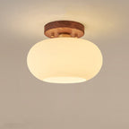 Contemporary Scandinavian Exposed Concealed Installation Drum Round Bowl Ribbed Glass Iron Wood Copper 1-light Semi-flush Mount Ceiling Light for Hallway