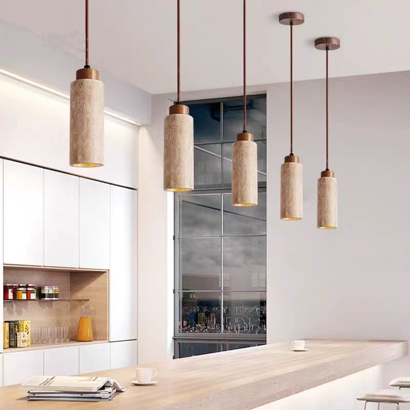 Traditional Japanese Cylinder Yellow Travertine Wood 1-light Pendant Light for Living Room