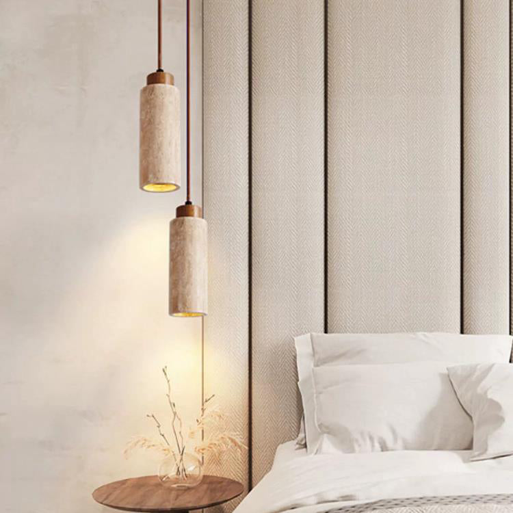 Traditional Japanese Cylinder Yellow Travertine Wood 1-light Pendant Light for Living Room