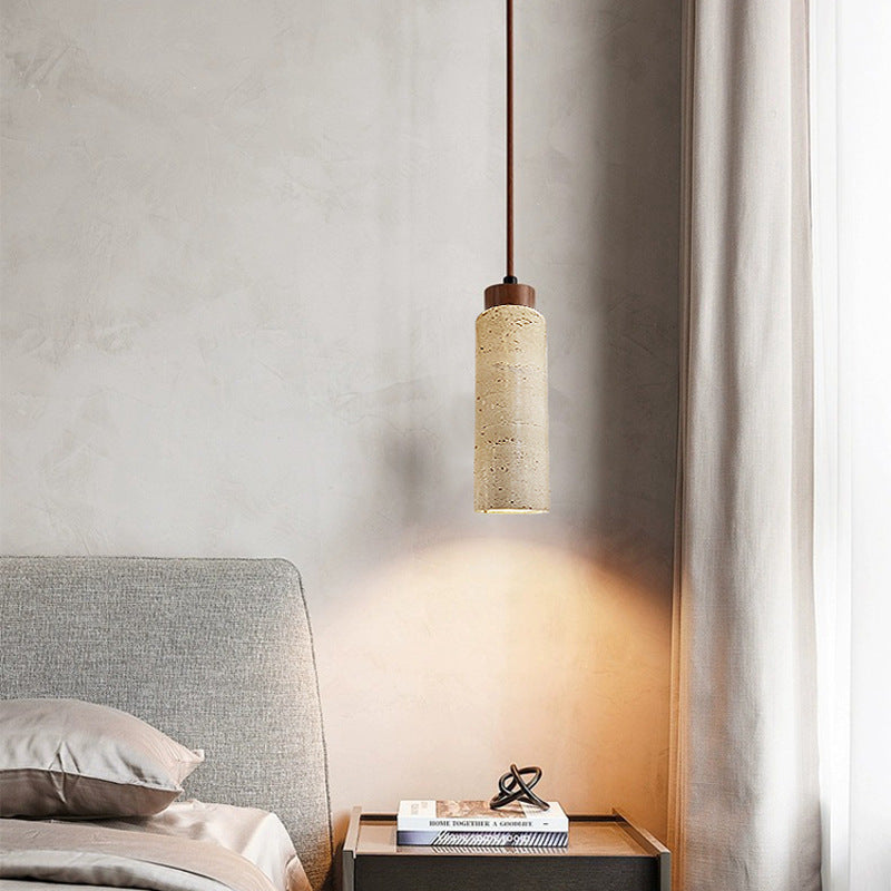 Traditional Japanese Cylinder Yellow Travertine Wood 1-light Pendant Light for Living Room