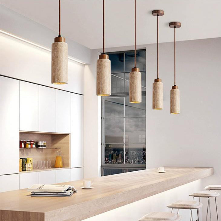Traditional Japanese Cylinder Yellow Travertine Wood 1-light Pendant Light for Living Room