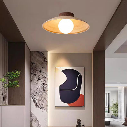 Traditional Japanese Faux Woodgrain Flying Saucer Shape Iron Glass 1-Light Semi-Flush Mount Ceiling Light For Living Room
