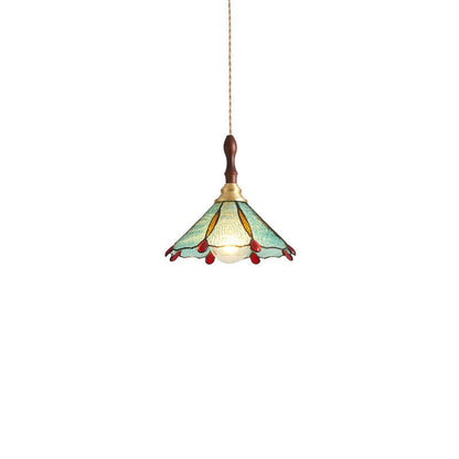 Traditional Tiffany Water Pattern Flower Small Beads Stained Glass Copper 1-Light Pendant Light For Bedroom