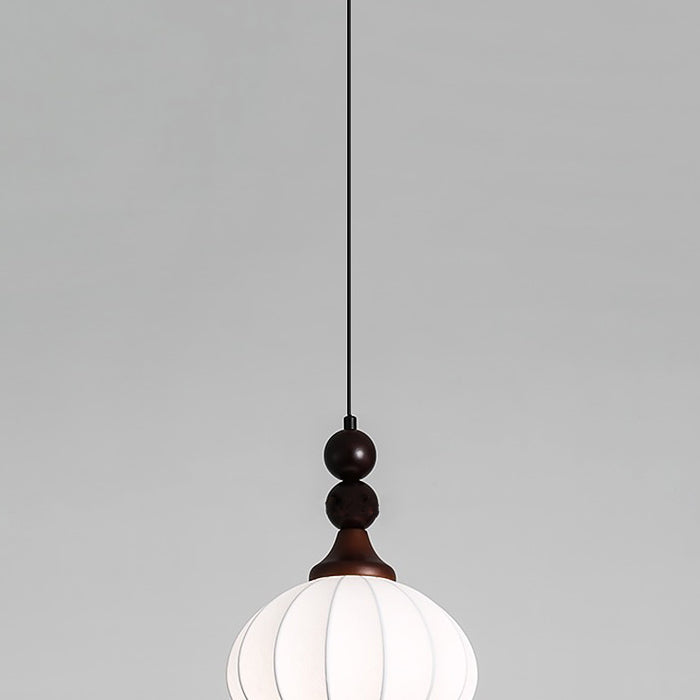 Contemporary Retro Liftable Oval Round Ball Iron Wood Imitation Silk 1-Light Pendant Light For Living Room