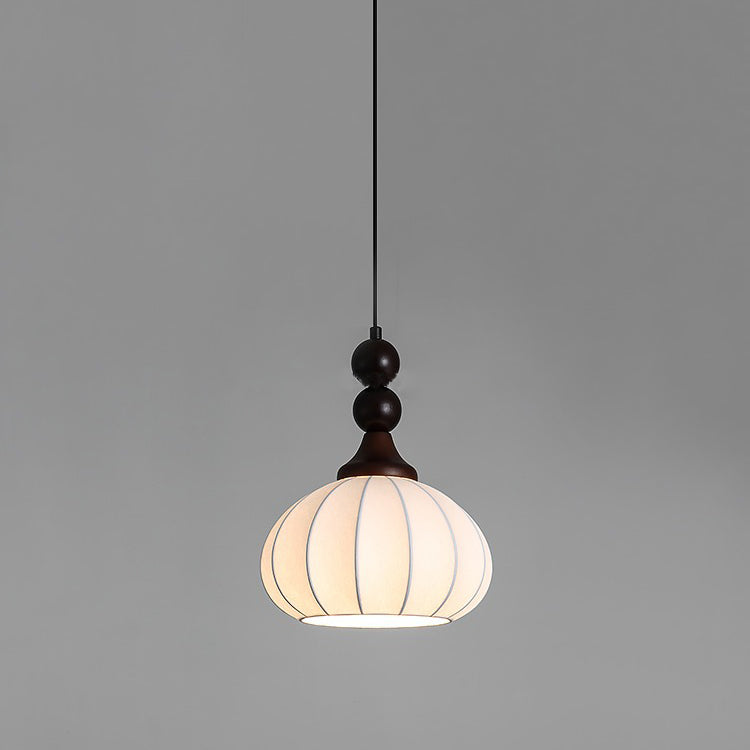 Contemporary Retro Liftable Oval Round Ball Iron Wood Imitation Silk 1-Light Pendant Light For Living Room