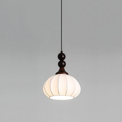 Contemporary Retro Liftable Oval Round Ball Iron Wood Imitation Silk 1-Light Pendant Light For Living Room