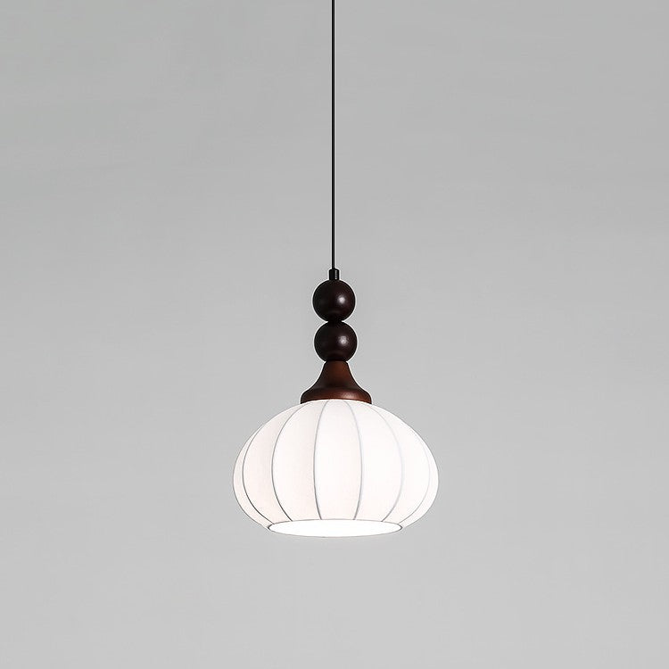 Contemporary Retro Liftable Oval Round Ball Iron Wood Imitation Silk 1-Light Pendant Light For Living Room
