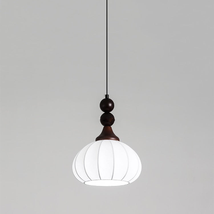 Contemporary Retro Liftable Oval Round Ball Iron Wood Imitation Silk 1-Light Pendant Light For Living Room