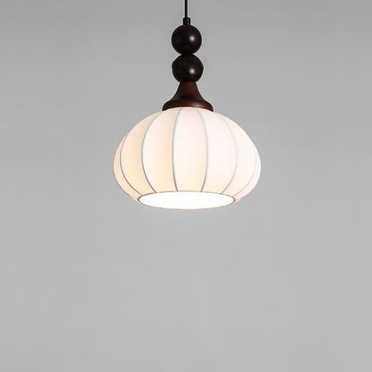 Contemporary Retro Liftable Oval Round Ball Iron Wood Imitation Silk 1-Light Pendant Light For Living Room
