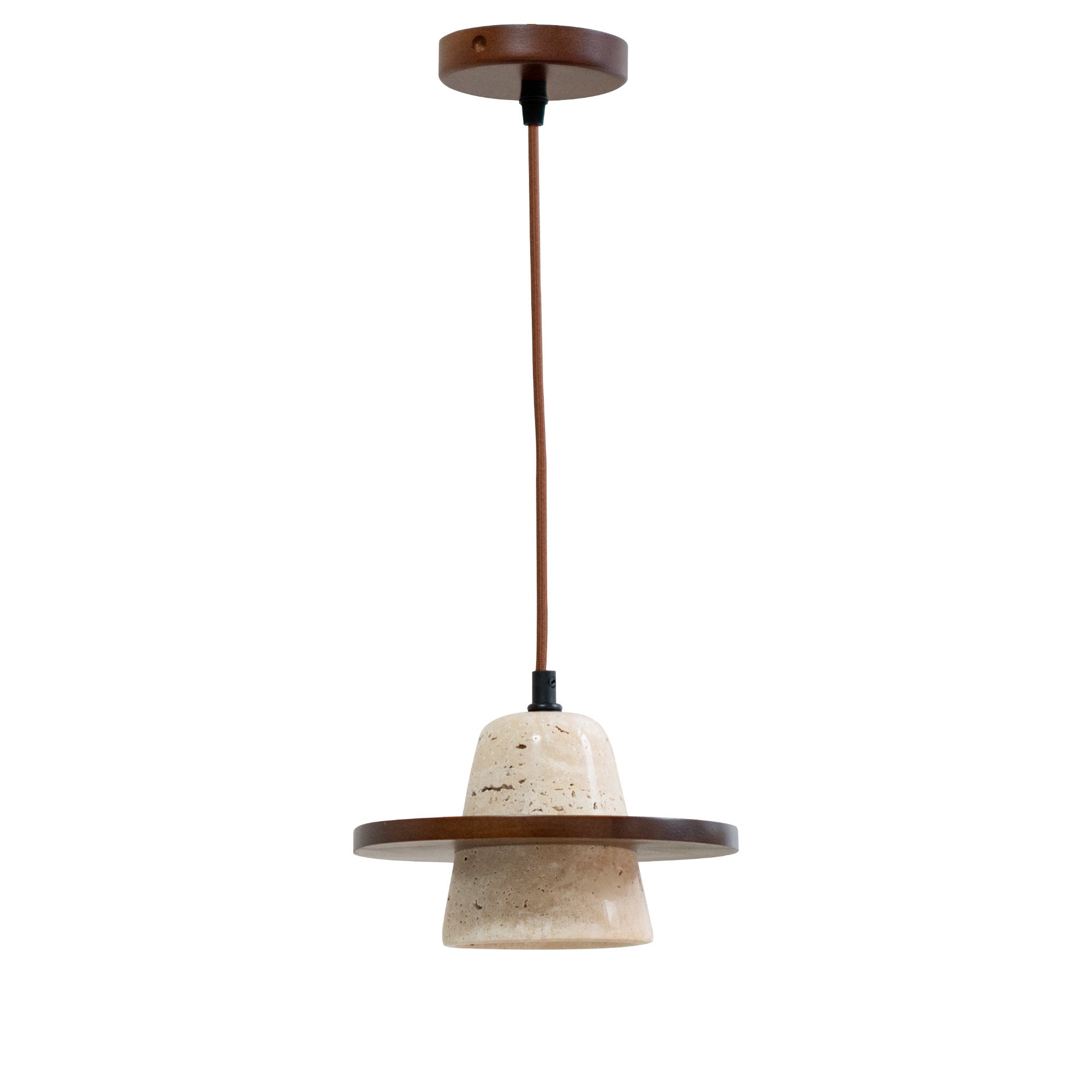 Traditional Japanese Round Cone Yellow Travertine Wood 1-Light Pendant Light For Living Room
