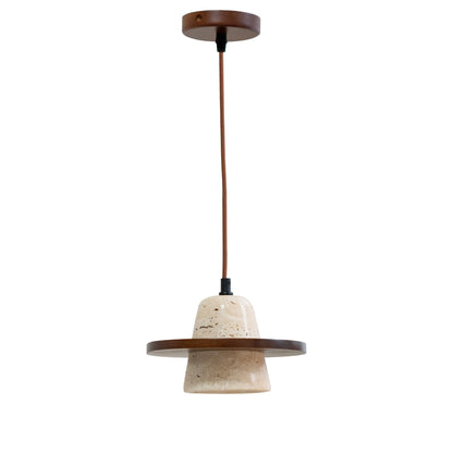 Traditional Japanese Round Cone Yellow Travertine Wood 1-Light Pendant Light For Living Room