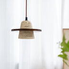 Traditional Japanese Round Cone Yellow Travertine Wood 1-Light Pendant Light For Living Room