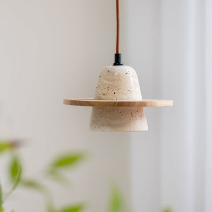 Traditional Japanese Round Cone Yellow Travertine Wood 1-Light Pendant Light For Living Room