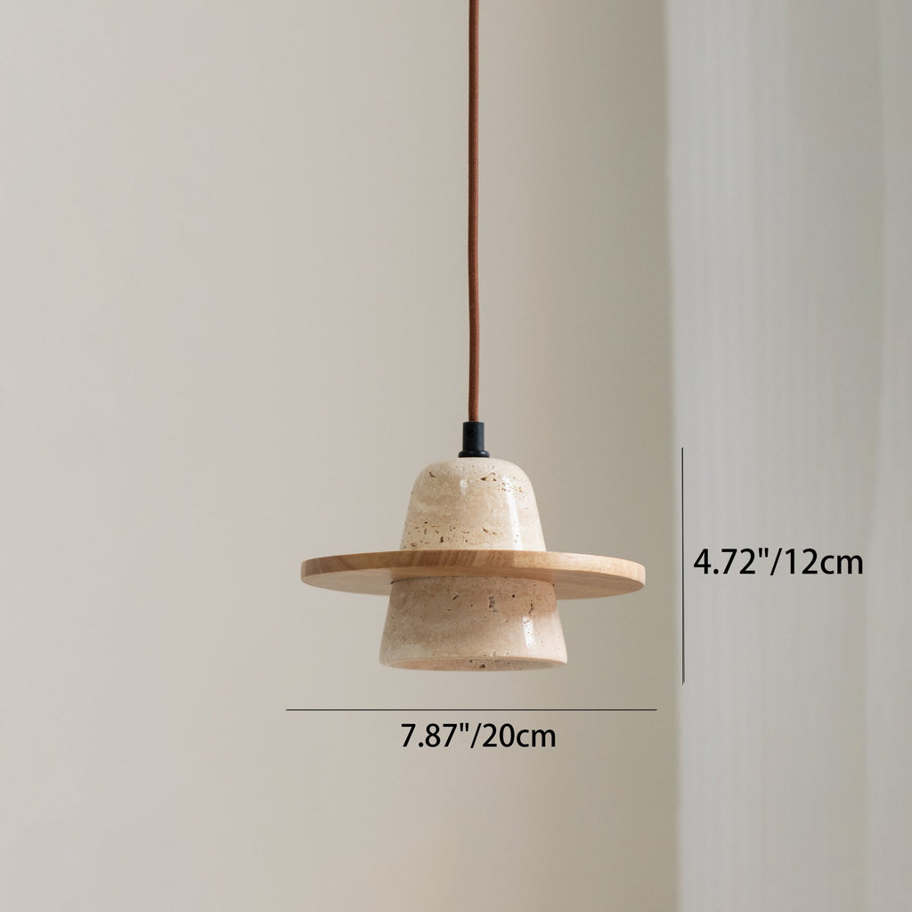 Traditional Japanese Round Cone Yellow Travertine Wood 1-Light Pendant Light For Living Room