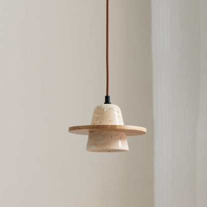 Traditional Japanese Round Cone Yellow Travertine Wood 1-Light Pendant Light For Living Room