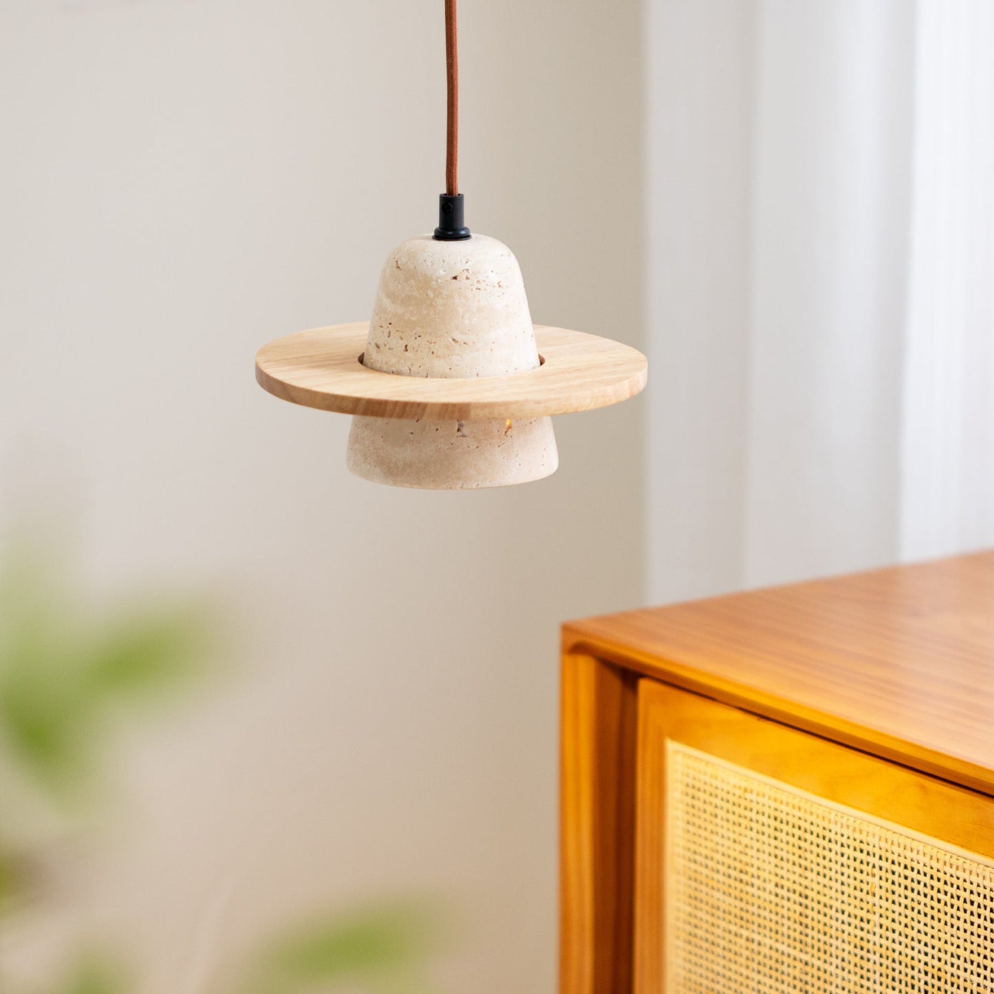 Traditional Japanese Round Cone Yellow Travertine Wood 1-Light Pendant Light For Living Room