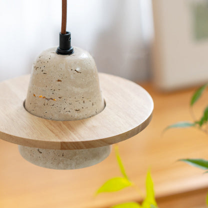 Traditional Japanese Round Cone Yellow Travertine Wood 1-Light Pendant Light For Living Room