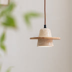 Traditional Japanese Round Cone Yellow Travertine Wood 1-Light Pendant Light For Living Room