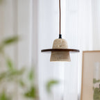 Traditional Japanese Round Cone Yellow Travertine Wood 1-Light Pendant Light For Living Room