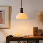 Contemporary Retro Wood Ceramic Pleated Dome 1-Light Pendant Light For Living Room