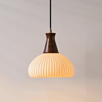 Contemporary Retro Wood Ceramic Pleated Dome 1-Light Pendant Light For Living Room