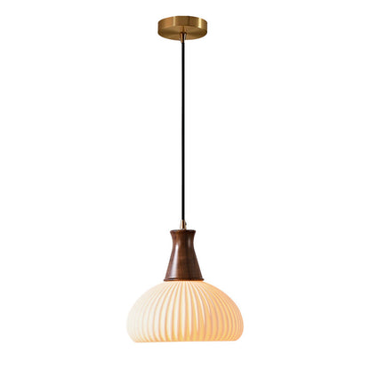 Contemporary Retro Wood Ceramic Pleated Dome 1-Light Pendant Light For Living Room