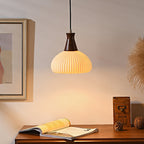 Contemporary Retro Wood Ceramic Pleated Dome 1-Light Pendant Light For Living Room