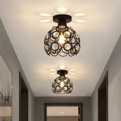 Contemporary Creative Iron Aluminum Crystal Hollow Ball 1-Light Semi-Flush Mount Ceiling Light For Living Room