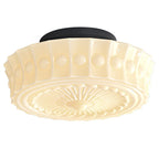 Contemporary Retro Iron Glass Lace Floral Relief Pattern Drum Shade 3-light Semi-flush Mount Ceiling Light for Living Room