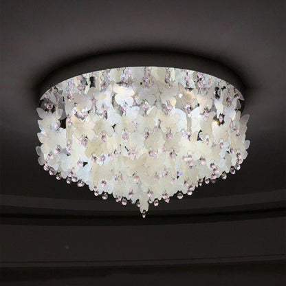 Contemporary Creative Stainless Steel Crystal Butterfly Shape Shell Wind Chime LED Flush Mount Ceiling Light For Bedroom