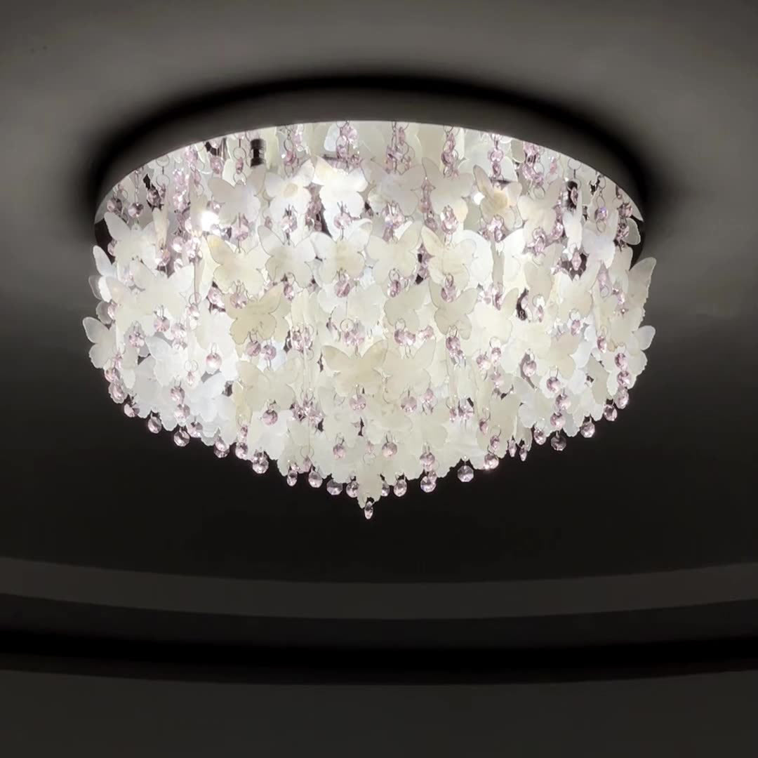 Contemporary Creative Stainless Steel Crystal Butterfly Shape Shell Wind Chime LED Flush Mount Ceiling Light For Bedroom