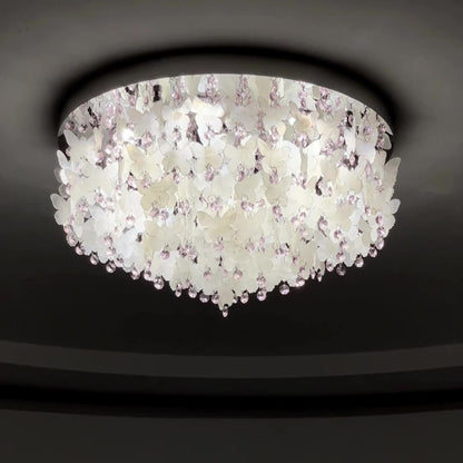 Contemporary Creative Stainless Steel Crystal Butterfly Shape Shell Wind Chime LED Flush Mount Ceiling Light For Bedroom