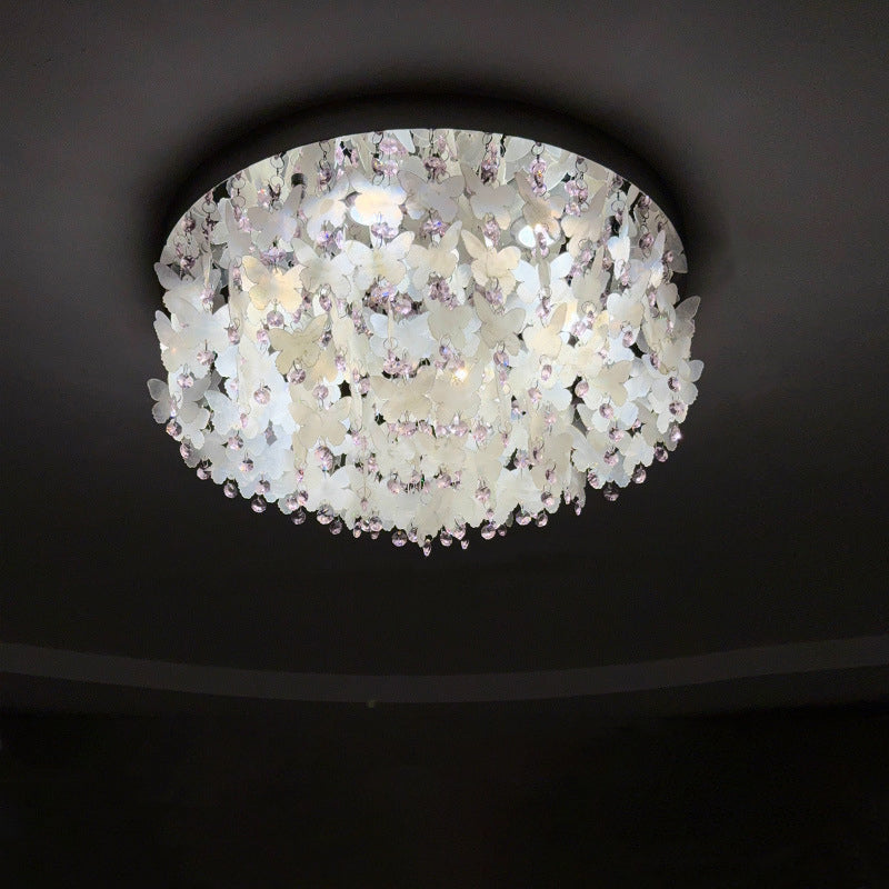 Contemporary Creative Stainless Steel Crystal Butterfly Shape Shell Wind Chime LED Flush Mount Ceiling Light For Bedroom