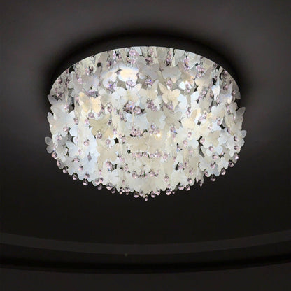 Contemporary Creative Stainless Steel Crystal Butterfly Shape Shell Wind Chime LED Flush Mount Ceiling Light For Bedroom
