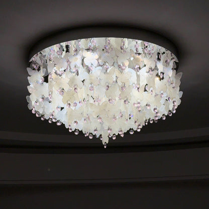 Contemporary Creative Stainless Steel Crystal Butterfly Shape Shell Wind Chime LED Flush Mount Ceiling Light For Bedroom
